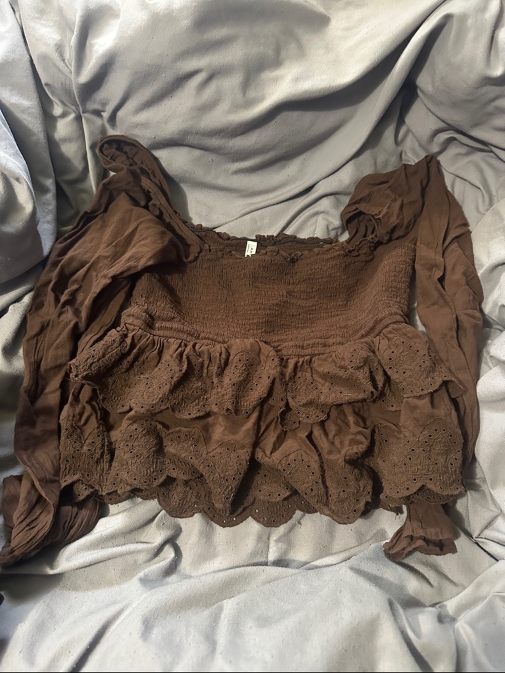 American Eagle Outfitters Chocolate Brown Smocked Eyelet Ruffle Top